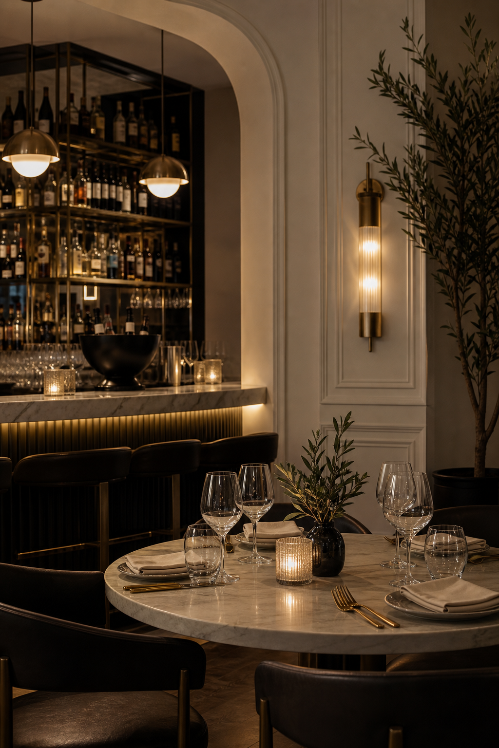 Warm upscale dining room with candlelit table