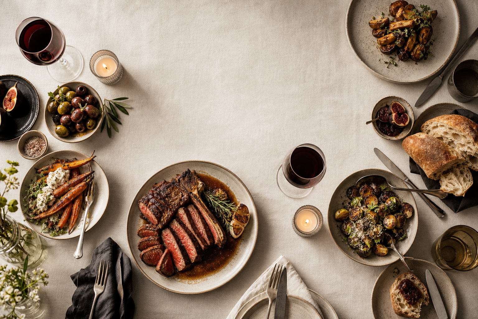 Elegant dinner spread on a cream linen table
