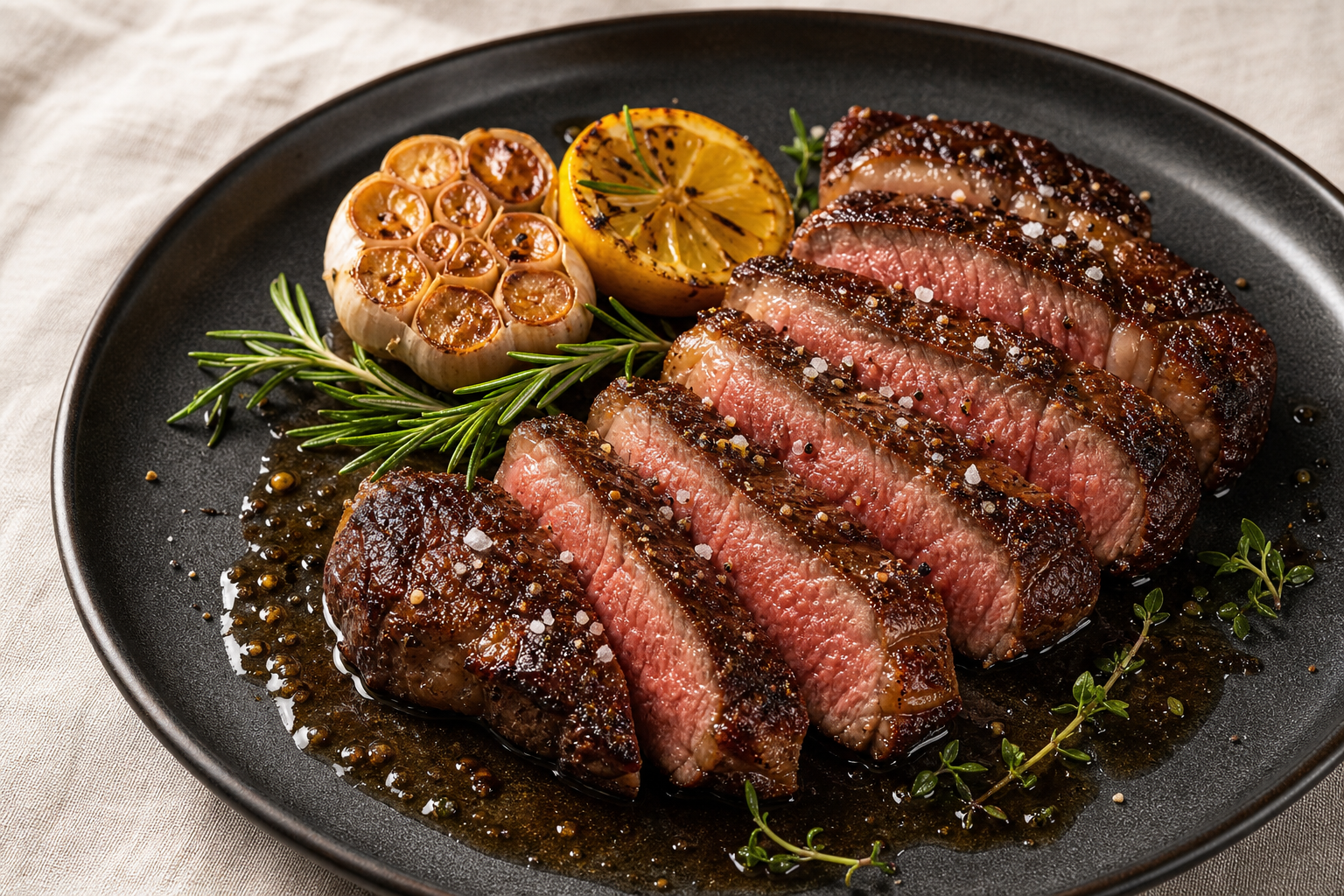 Sliced ribeye steak with roasted garlic and herbs