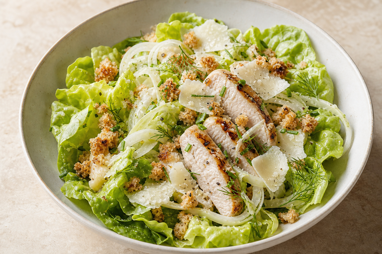 Seasonal salad with grilled chicken and shaved parmesan